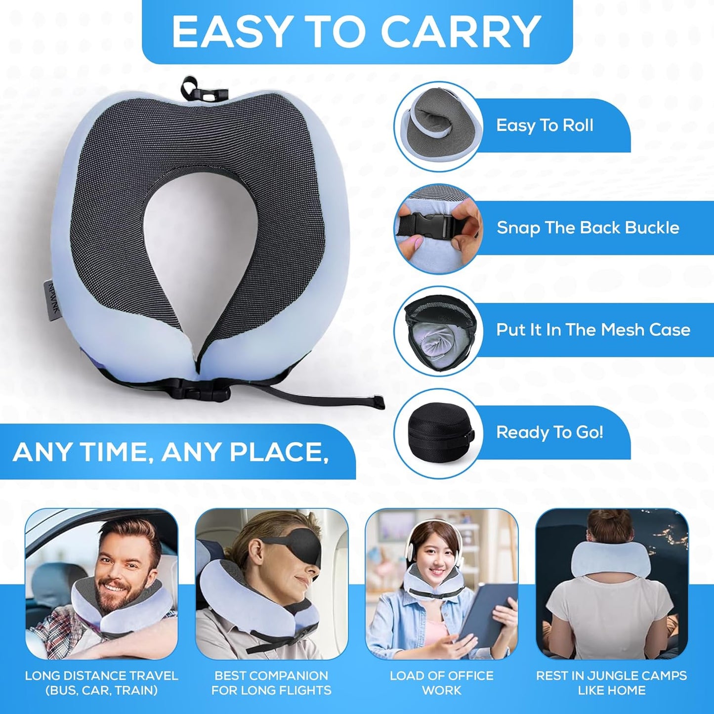 Pure Memory Foam Travel Pillows for Airplanes – Ergonomic Design with Adjustable Fit, Machine Washable, 3D Eye Mask & Compact Plane Pillow for Traveling – Grey & Blue