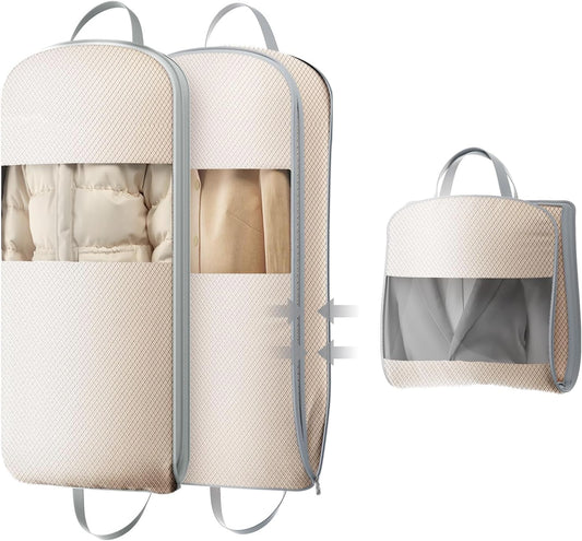 DIMJ 2 Pack 43" Space Saving Garment Bags for Hanging Clothes With Compression Zipper Carry Handles and Window, Washable Suit Bag for Dress, Clothes, Coats, Down Jacket, Closet, Moving, Travel