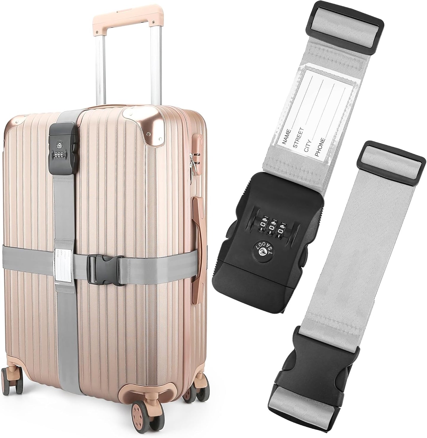 Luggage Straps, Grey TSA Approved Luggage Strap Belt with Combination Lock for Suitcases, 2 Pack Adjustable Heavy Duty Cross Suitcase Straps with Name Tags for Travel, Carry On Bags, Protect Luggage