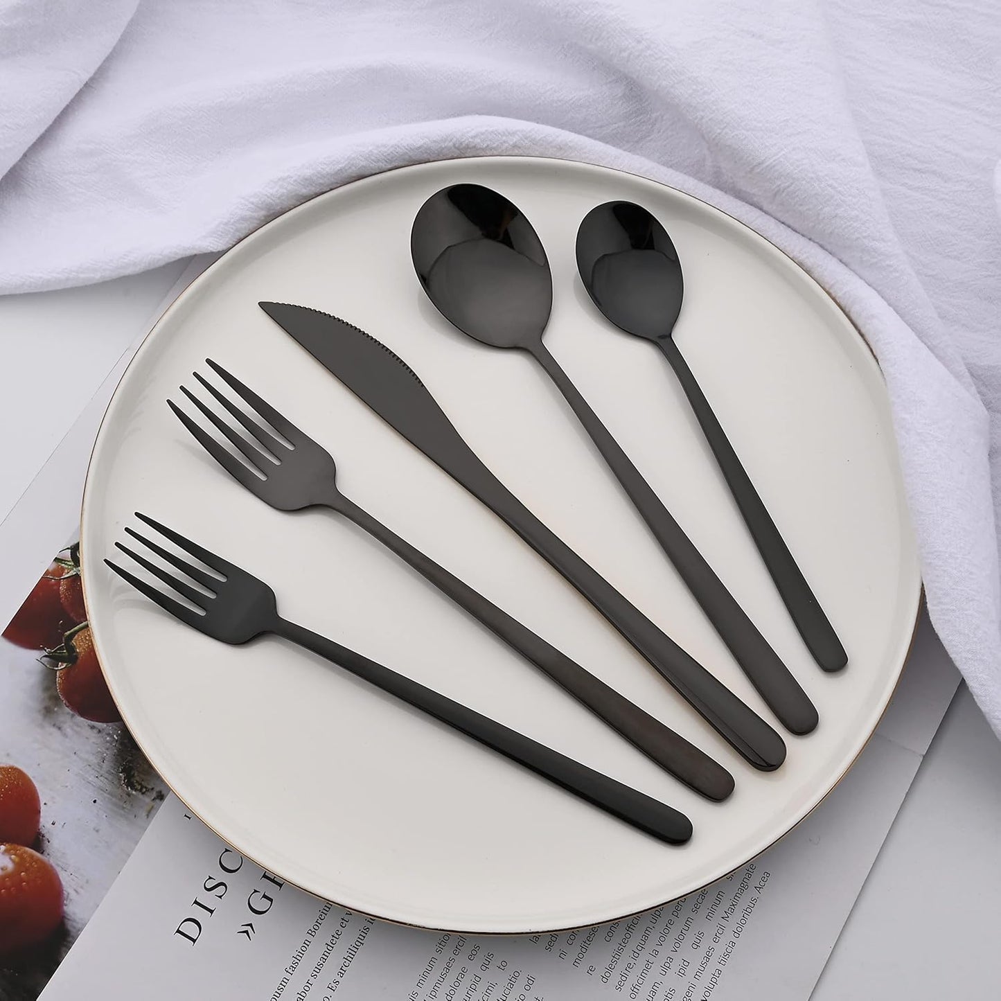 20 Pieces Silverware Set 304 Stainless Steel, Healthy & Eco-Friendly Silver Travel Mirror Polished Black Knife Fork Spoon Salad Fork Dessert Spoon Flatware Set, Service for 4