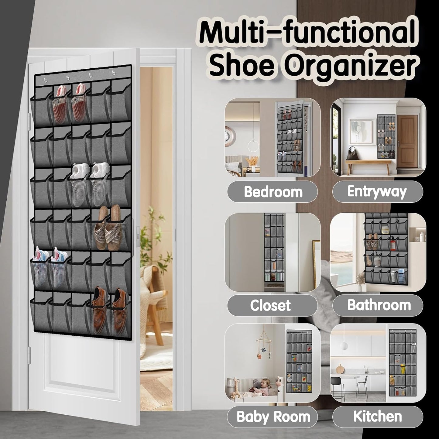 Over the Door Shoe Organizer with 30 Breathable Mesh Pockets - Large Capacity Closet Storage for Men & Women, Hanging Shoe Rack Organizer -Gray