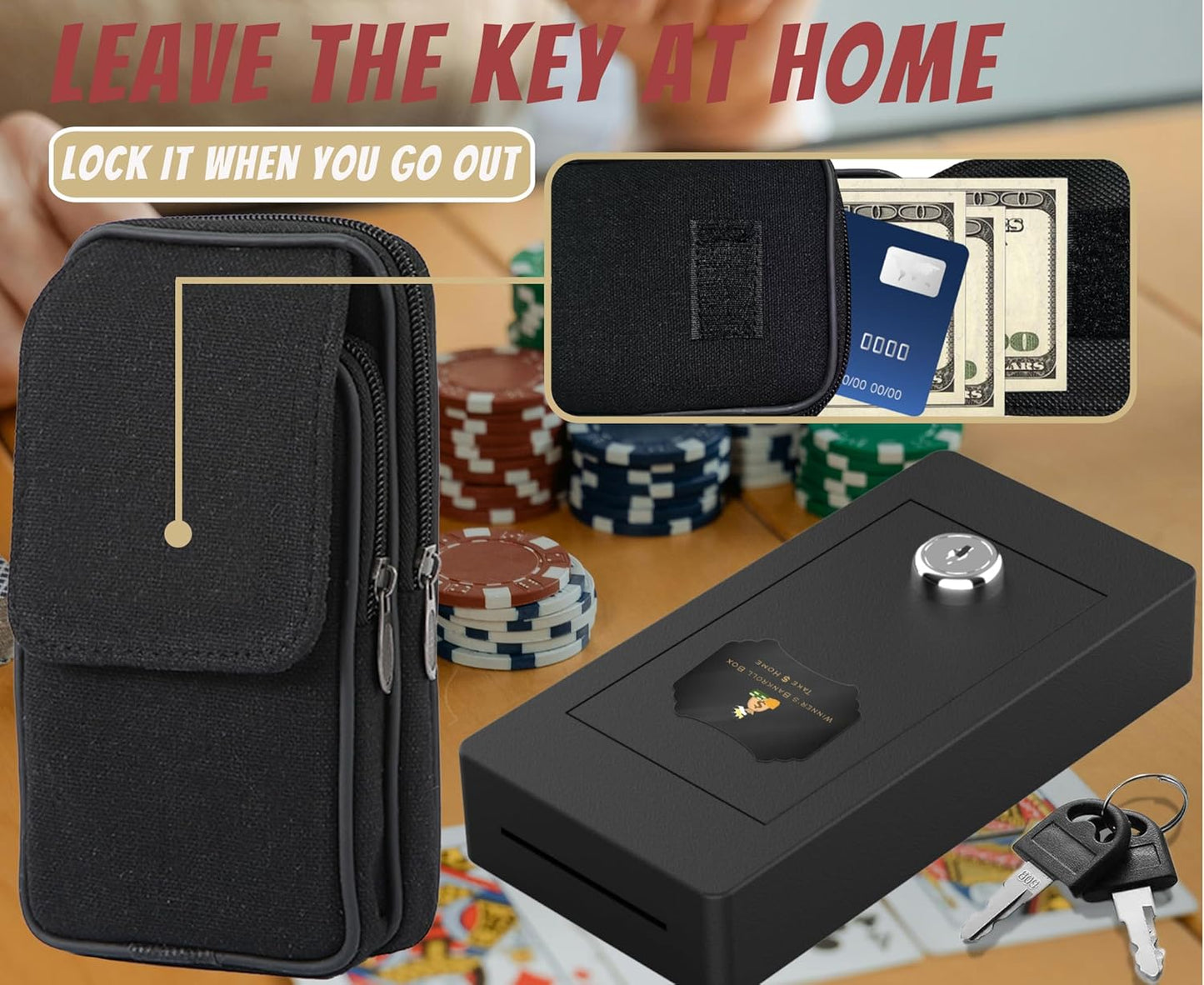 Large Metal Box for Gambler with Waist Bag, Portable Winner Bank Gambling Casino Cash Safe Box, Pocket Sized Cash Box with Key Go Home Money