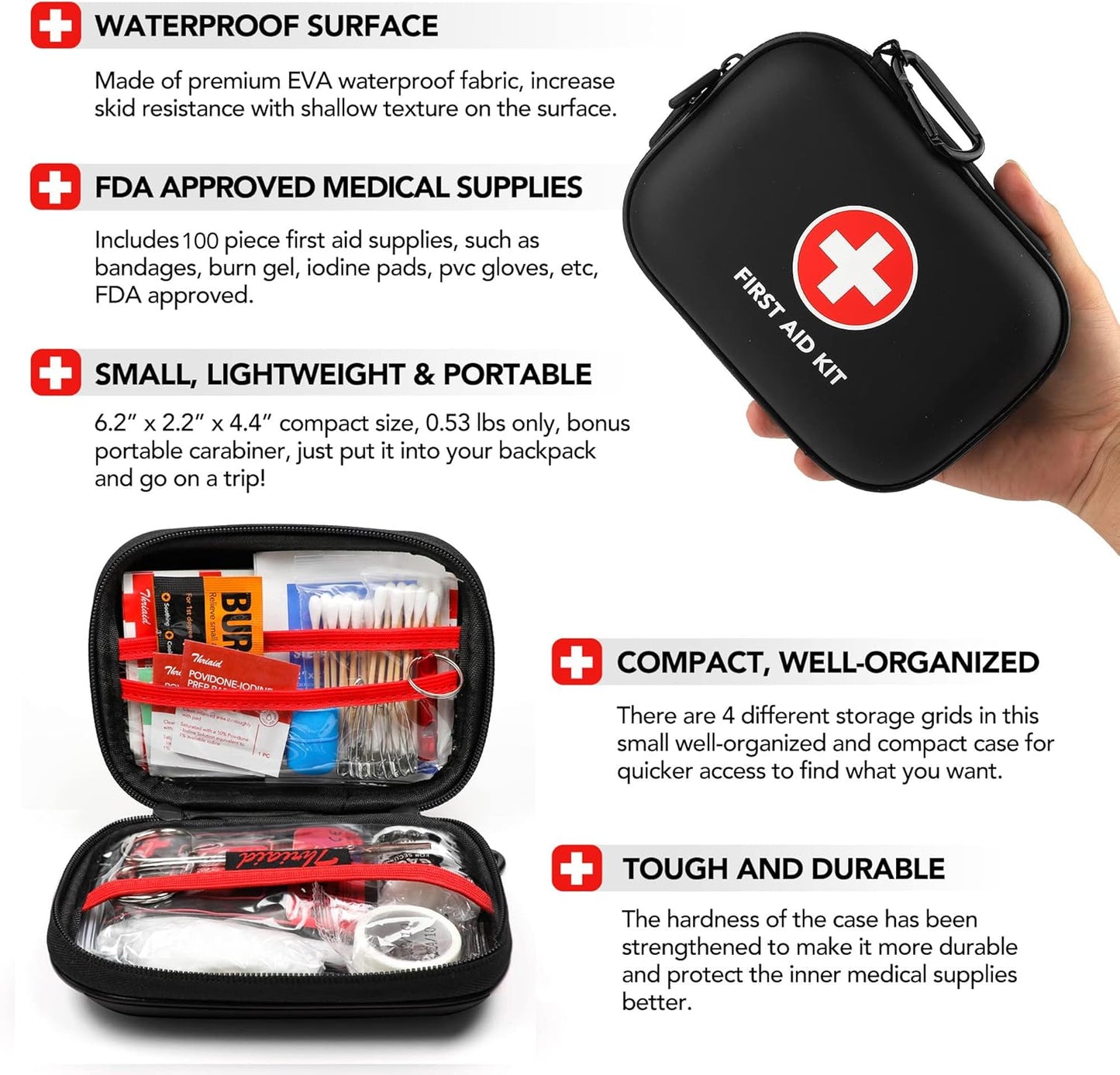 Mini First Aid Kit, 100 Pieces Water-Resistant Hard Shell Small Case - Perfect for Travel, Outdoor, Home, Office, Camping, Hiking, Car (Black)