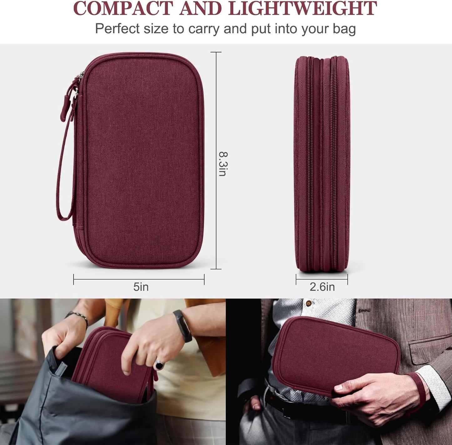 FYY Electronic Organizer, Travel Cable Organizer Bag Pouch Electronic Accessories Carry Case Portable Waterproof Double Layers Storage Bag for Cable, Charger, Phone, Earphone, Medium Size- Wine Red