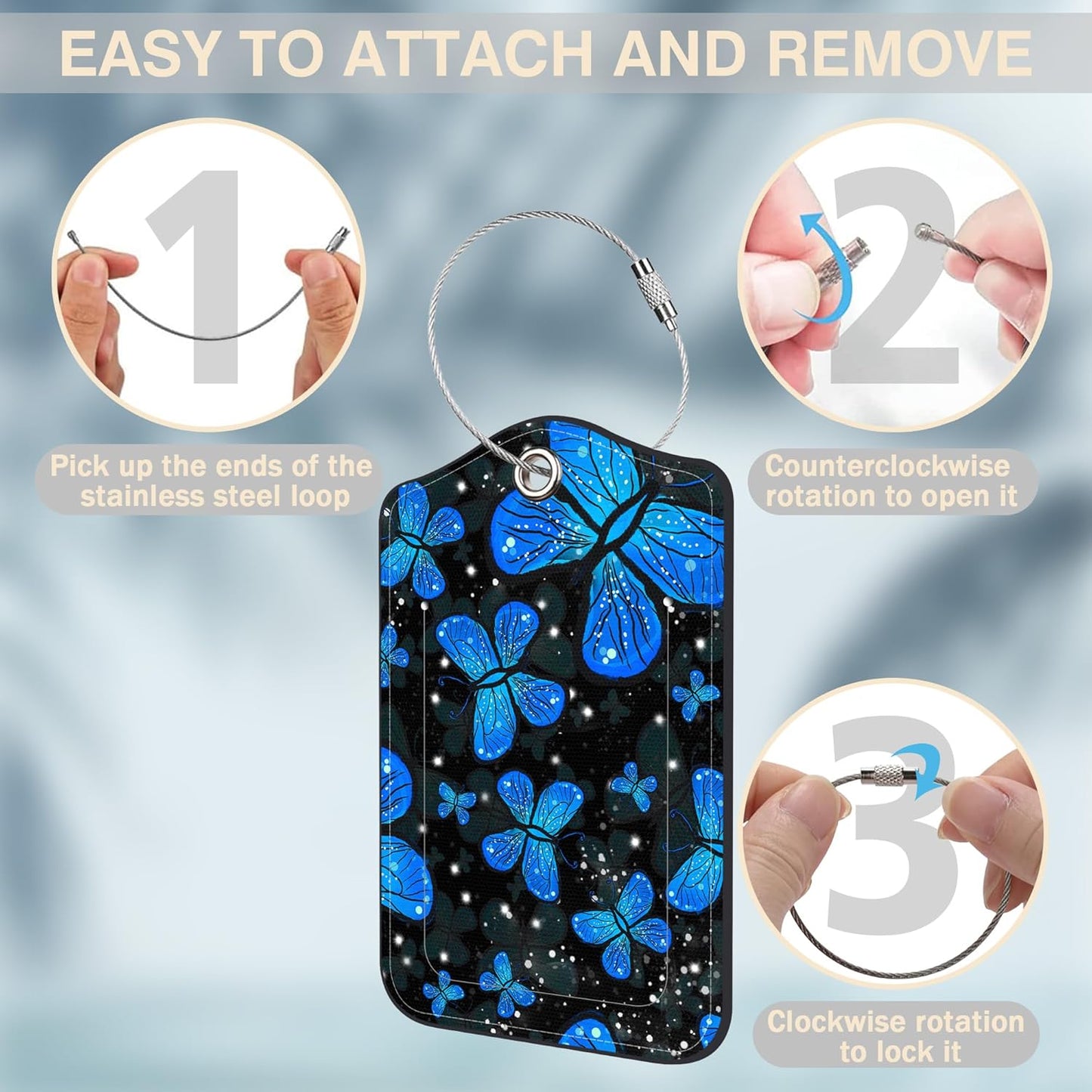 2 Pack Luggage Tags for Suitcases Blue Butterfly Leather Luggage Tags Privacy Cover ID Label with Stainless Steel Loop and Address Card for Women Men Travel Bag Backpack