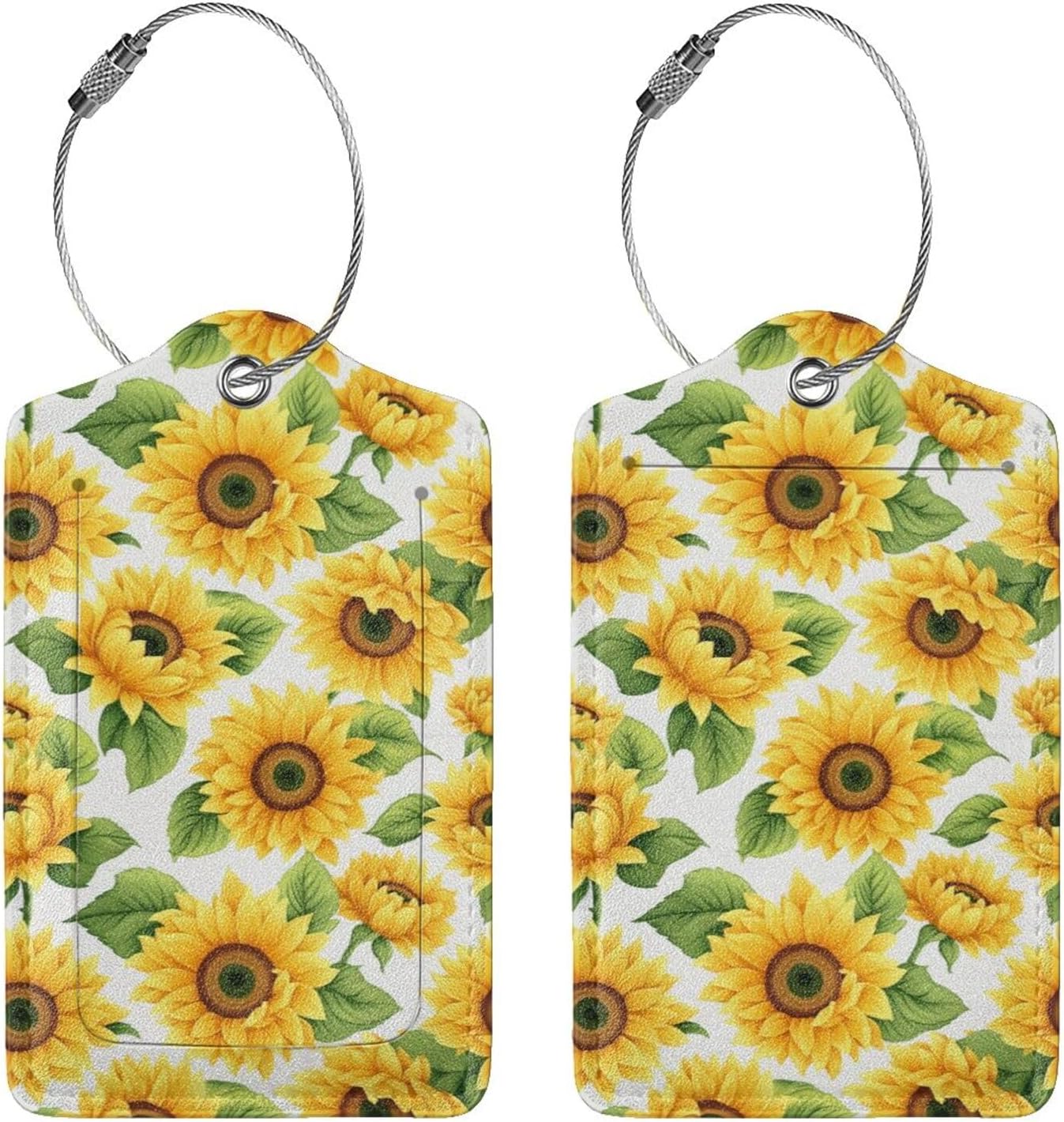 Lovely Sunflower Leather Luggage Tag with Stainless Steel Ring, Fun Name Id Card Cover Travel Bag Tag Set, Suitable for Travel Bag Luggage Women Men 2 PCS
