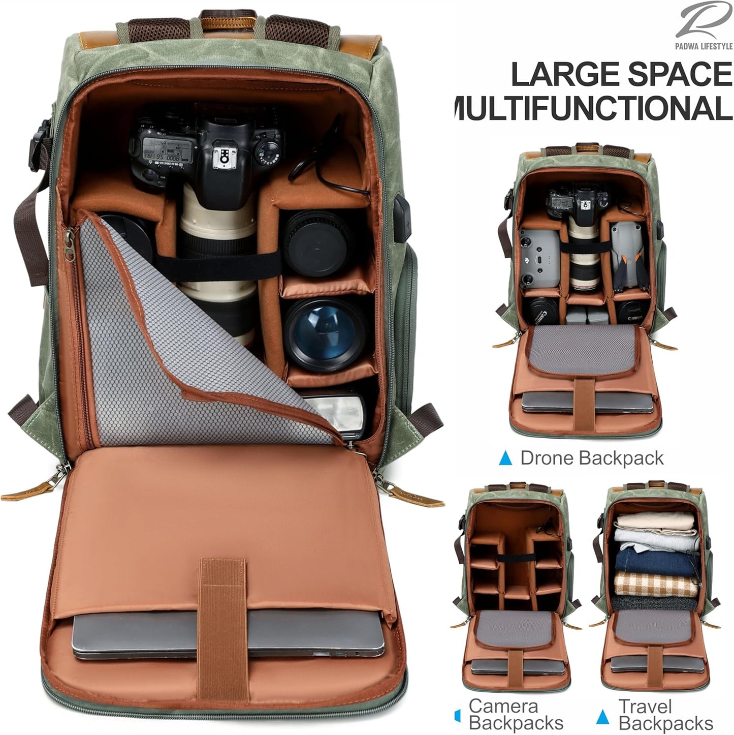 Padwa Lifestyle Green Camera Backpack - Waxed Memory Canvas Camera Bag, Multi DSLR SLR Large Camera Backpacks for Photographers with 16” Laptop & Lens Compartment and Tripod Holder & Weather Resistant