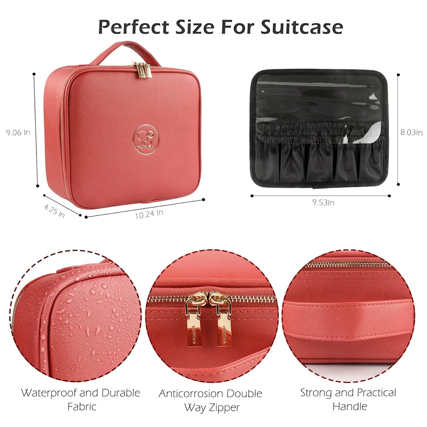 MOMIRA Travel Cosmetic Train Case with Lighted Mirror 3 Color Scenarios Cosmetic Bag Organizer with Adjustable Dividers Makeup Storage for Women, Makeup Accessories & Tools Case Red