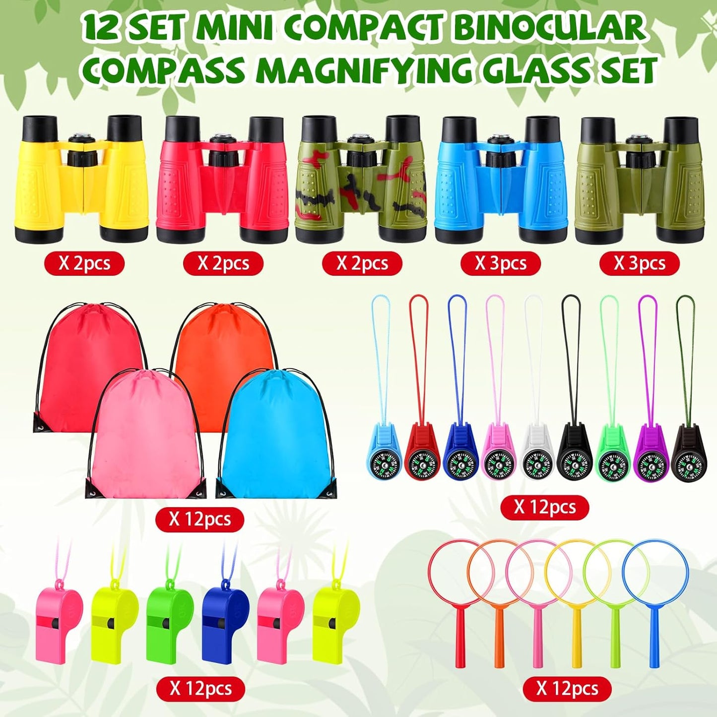 12 Set Binocular Compass Magnifying Glass Set Christmas Birthday Gift Small Telescope Binocular with Whistle Bag for Outdoor Exploring Stocking Stuffer(Colorful,Camouflage)
