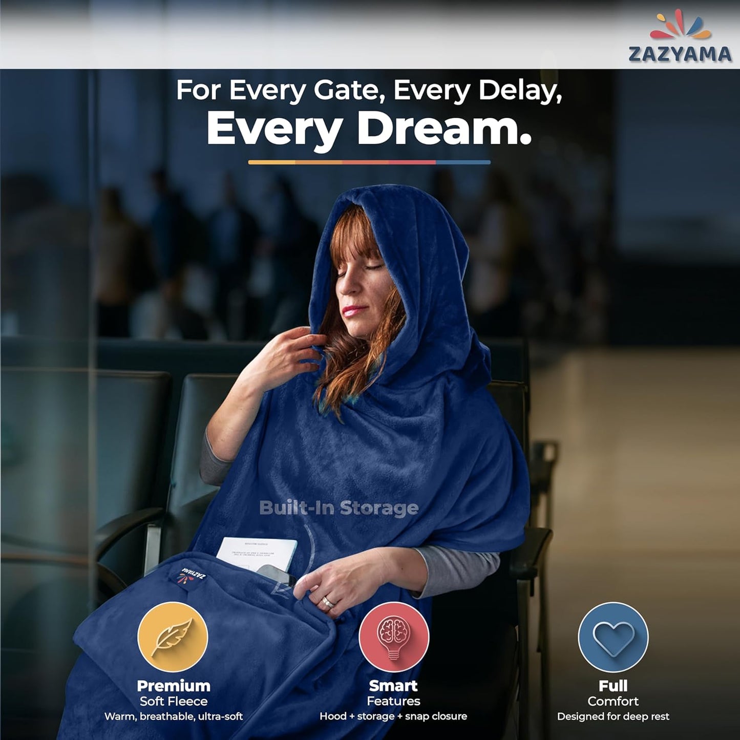 3-in-1 Travel Blanket Airplane – Compact with Bag & Pillow Combo Set, Navy Blue Ultra-Soft Fleece | Packable Blanket Compact | Hidden Pocket | Trolley Sleeve | Carabiner | Travel Essentials