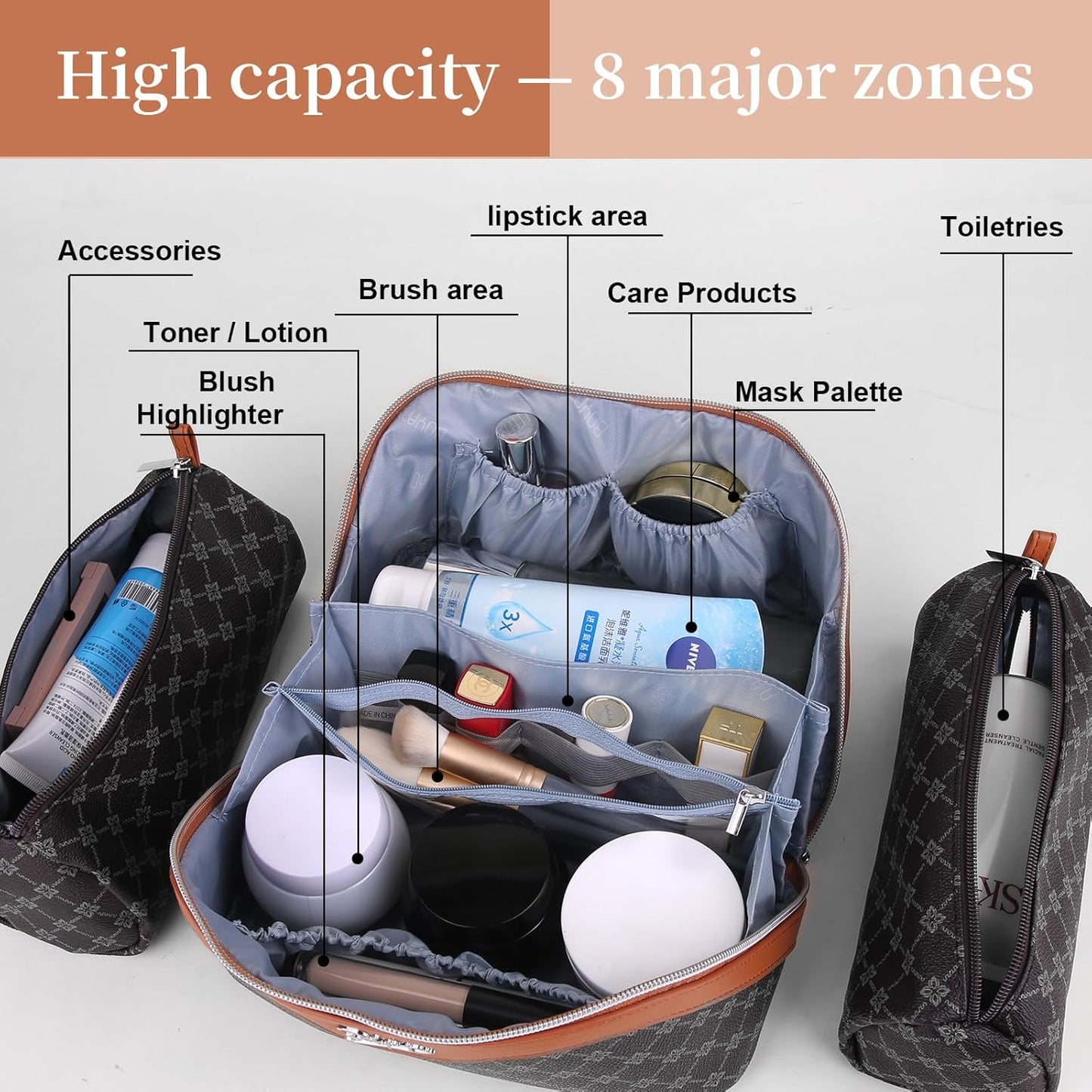 BOYATU Travel Makeup Bag Cosmetic Bags for Women: 3 Pcs Set Large Portable Make up Bag with Handle - Vegan Leather Toiletry Bags with Compartments - Makeup Organizer for Travel Essentials(01-Black)