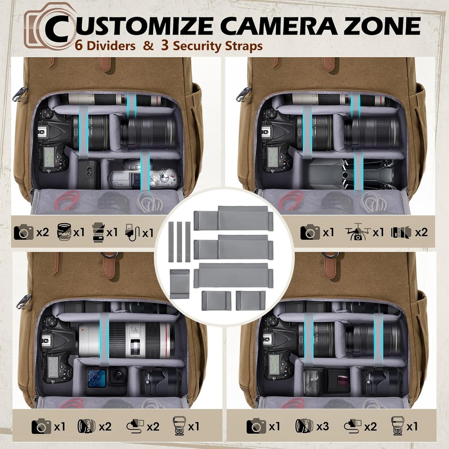 RAINSMORE Camera Bag Backpack for DSLR/SLR Mirrorless 15.6 Inch Laptop Camera Back Pack for Photographers Anti-Theft Photography Bags Case with Tripod Holder & Rain Cover, Khaki