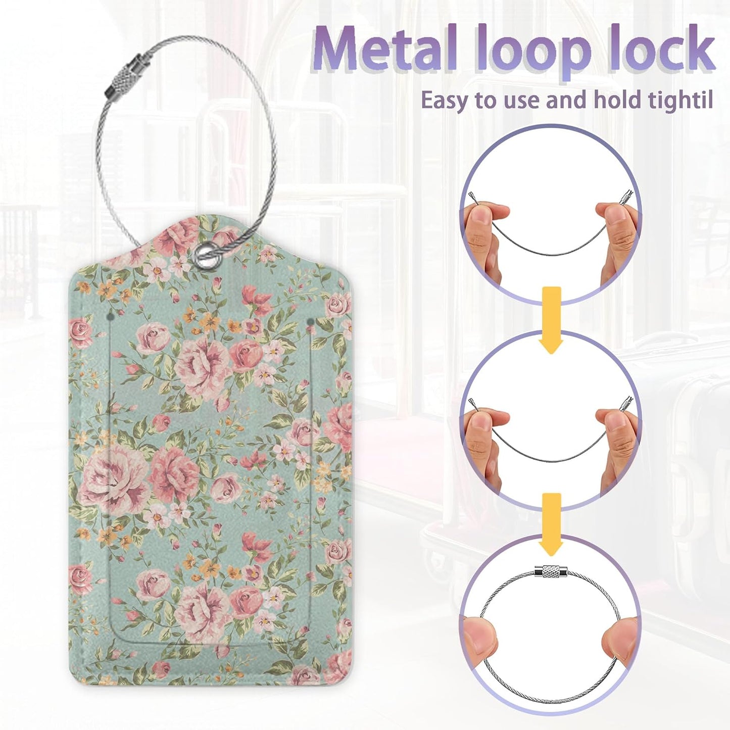 2Pcs Luggage Tag for Suitcase Vintage Floral Shabby Chic Pink Rose Cute Suitcase Tag with Privacy Flap & Name ID Label & Metal Loop,Travel Bag Luggage Tags for Women