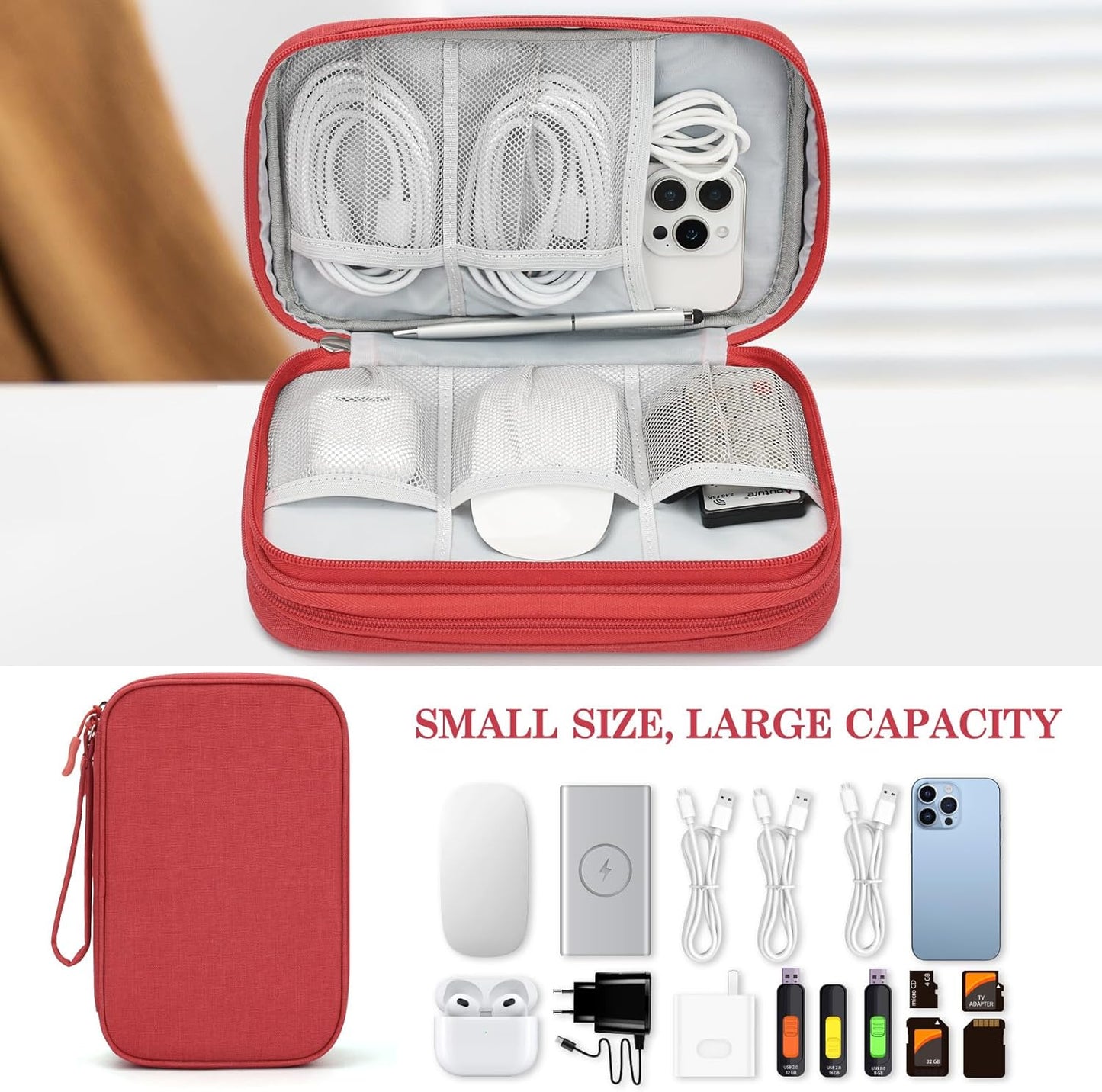 FYY Electronic Organizer, Large Travel Cable Organizer Bag Pouch Electronic Accessories Carry Case Portable Waterproof Double Layers All-in-One Storage Bag for Cable, Cord, Charger, Phone, Red