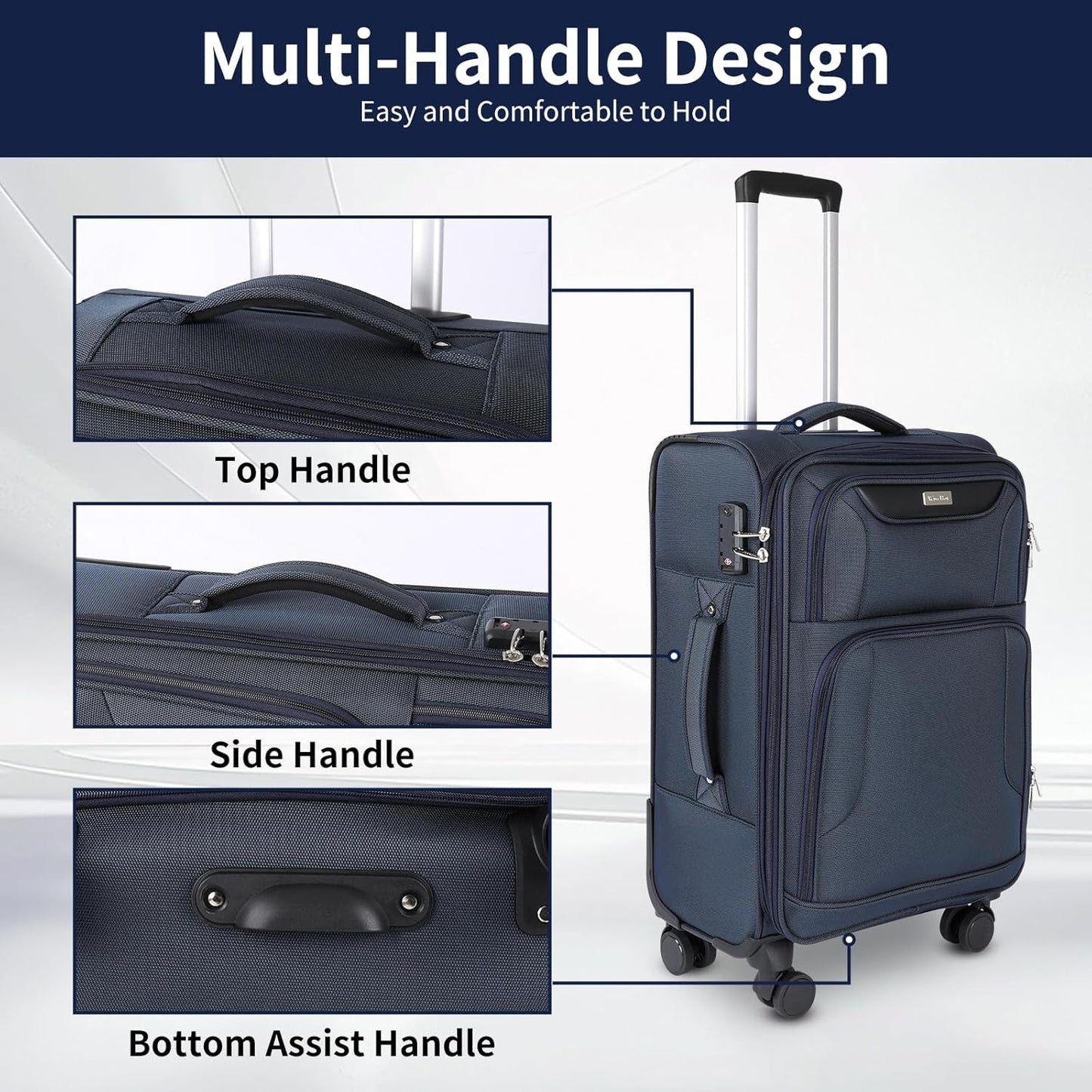 3-Piece Softside Expandable Luggage Set with Front Open Pocket, Lightweight and Durable Oxford Fabric Suitcase Set with TSA Lock (Blue, 20in/24in/28in)