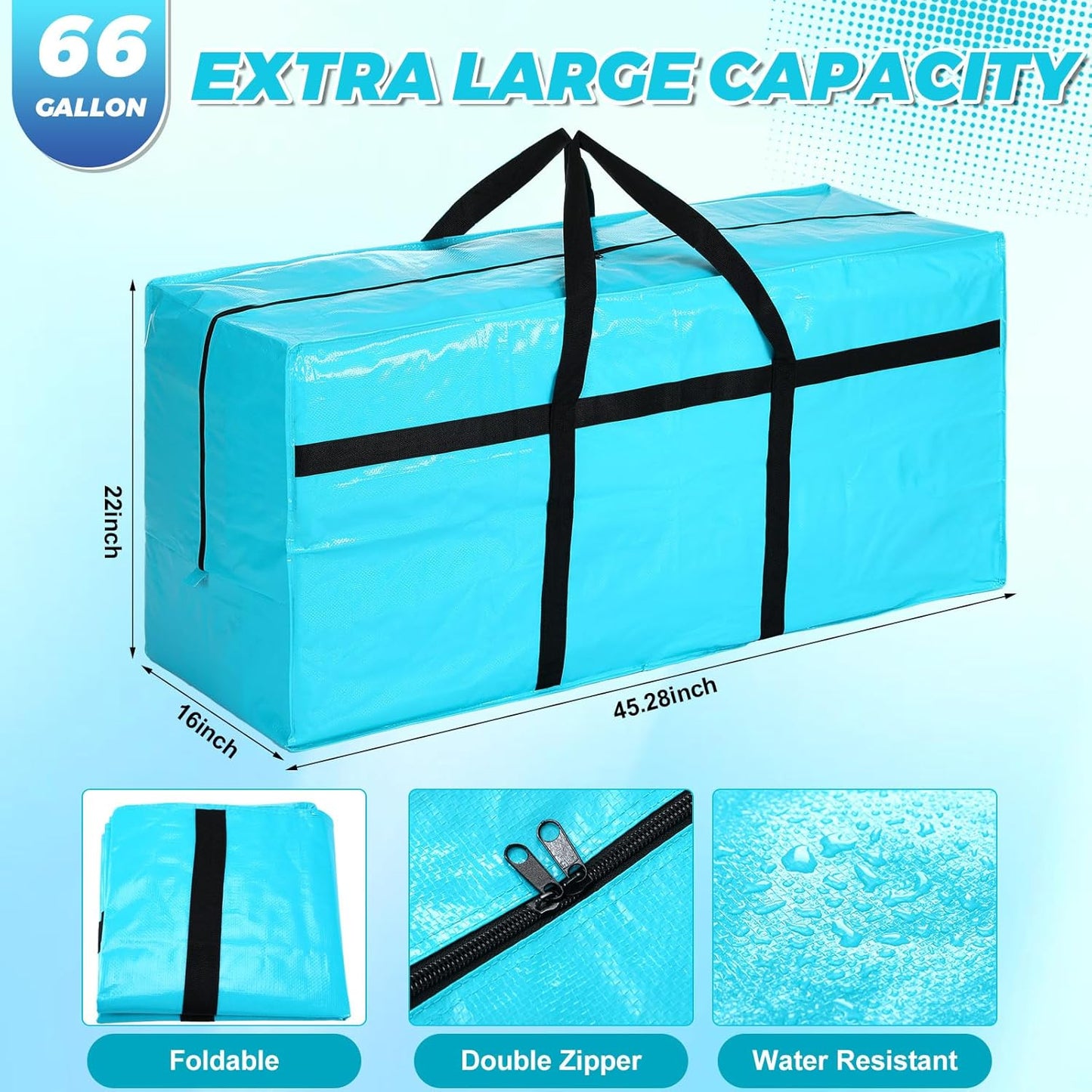 4 Pcs 66 Gallon Large Moving Bags with Zipper and Handles Foldable Storage Duffle Bags Heavy Duty Extra Large Totes for College Dorm Travel Clothes Blankets Bedding Moving(Lake Blue)