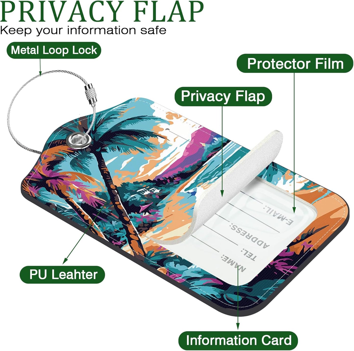 2 PCS Leather Luggage Tags for Suitcase Sea and Beach Coastal Landscape Travel Luggage Tag with Privacy Flap Name ID Label and Metal Loop for Travel Bag Suitcase