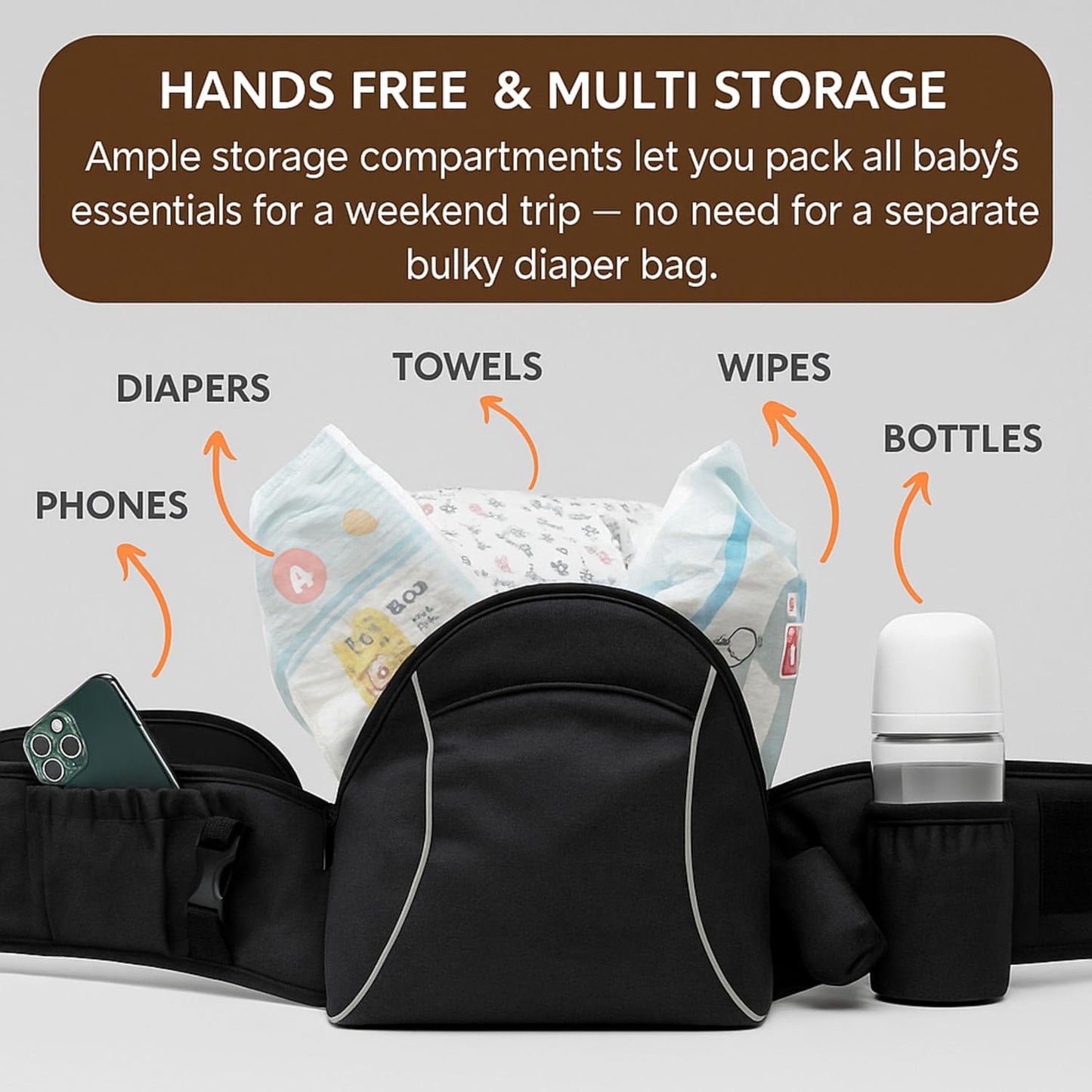 Baby Carrier with Hip Seat – Adjustable Waistband, Safety Harness & Storage Pockets – Detachable Shoulder Strap – Foldable Design for Newborns & Toddlers – Comfortable & Compact