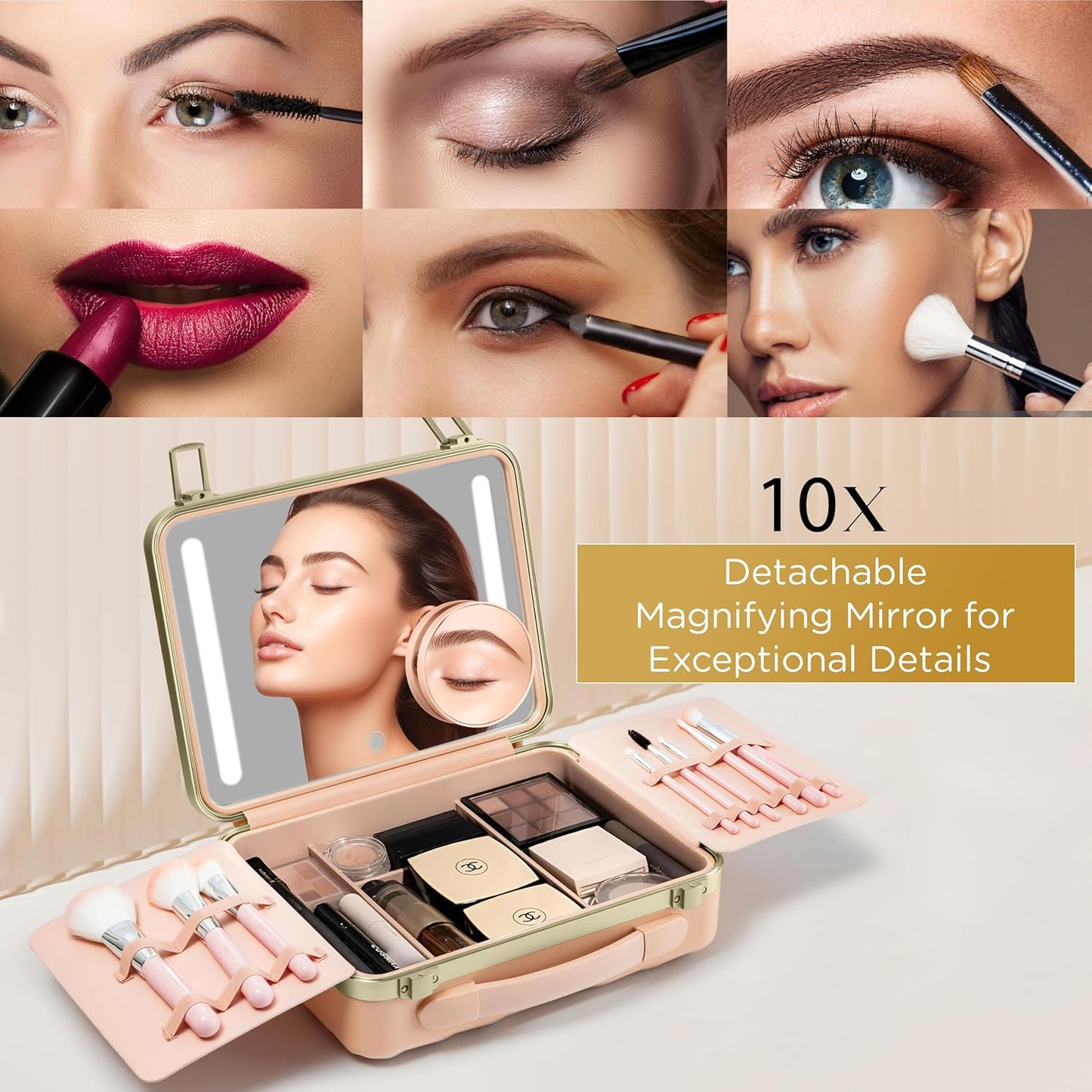 Travel Makeup Case with LED Mirror - Durable Makeup Case with Lighted Mirror with 3 Adjustable Light Settings - Rechargeable Makeup bag with light up Mirror - Mini 10x mirror included