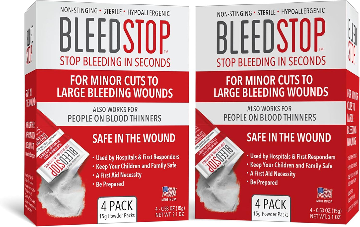 BleedStop™ First Aid Powder for Blood Clotting, Trauma Kit, Blood Thinner Patients, Camping Safety, and Survival Equipment for Moderate to Severe Bleeding Wounds or Nosebleeds (Double 4 Pack 15g)