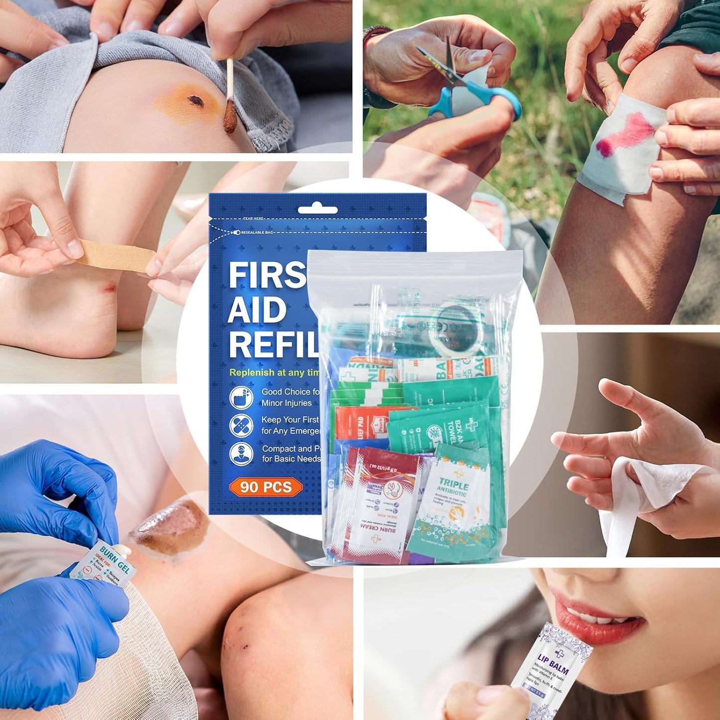 90 Pieces First Aid Refill Kit - Wound Care Kit Includes Bandages for Home, Travel, Hiking - Portable Replacement Kit for First Aid Medical Supplies（2 Set）