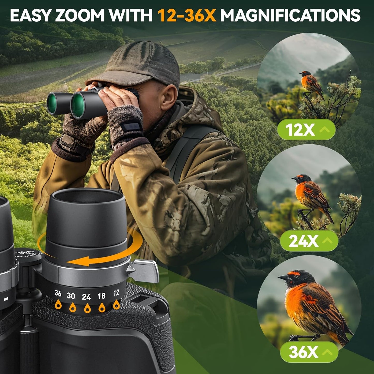 12-36X50 High Powered Zoom Binoculars for Adults - Wozel HD Professional Binoculars with Large Vision - Waterproof Binocular with Low Light for Bird Watching Travel Hunting Sports Cruise Outdoor