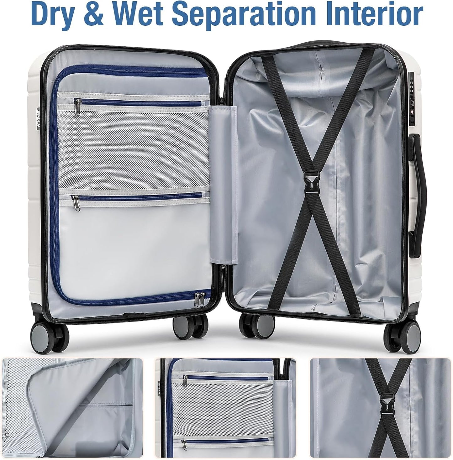 KYME Carry On Luggage 22x14x9 Airline Approved with TSA Lock Hard Shell Carry On Suitcase Lightweight Suitcases with Wheels Small Luggage for Men Women,Carry-On 20 Inch,White