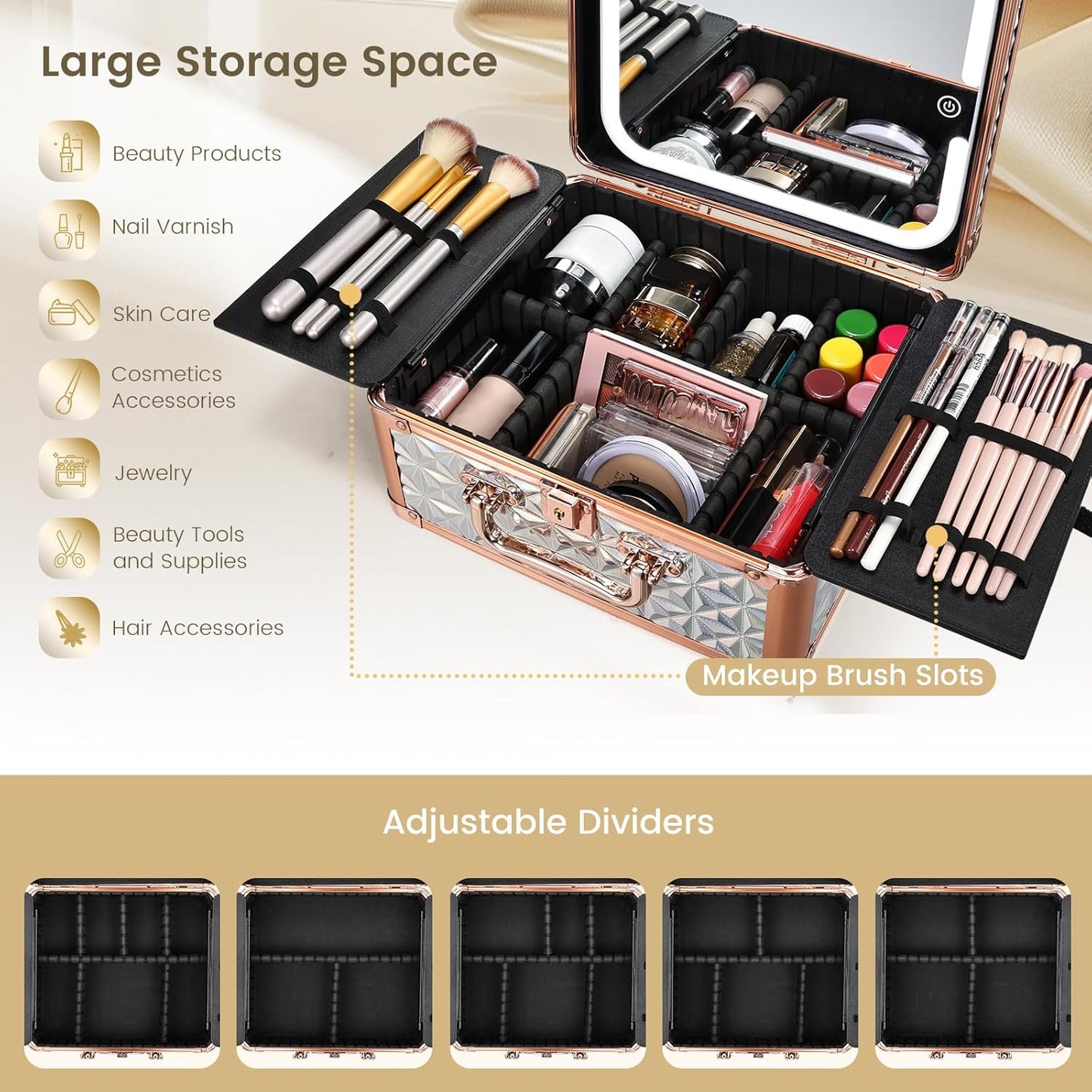 Makeup Train Case with Magnetic LED Mirror Makeup Organizer Box Travel Cosmetic Case with 3 Colors LED Mirror Portable Vanity Make up Suitcase with Lockable Keys Dividers Brush Holder, Silver