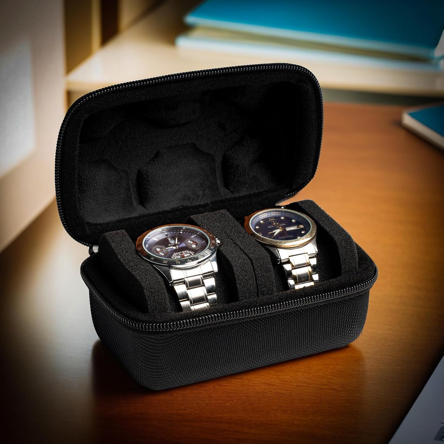 2 slot Hard Watch Travel Case, Watch Roll Case Storage and Organizer for Men and Women, with anti-move watch pillow (Black fabric 2 slot)