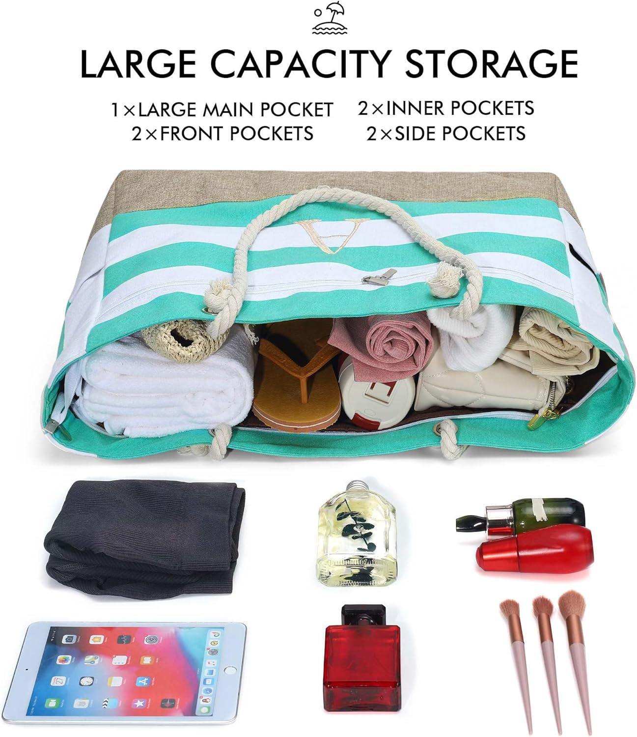 YOOLIFE Large Initial Beach Bag Waterproof Tote Zipper Bag Personalized Gifts for Women Her Birthday Travel Beach Essential