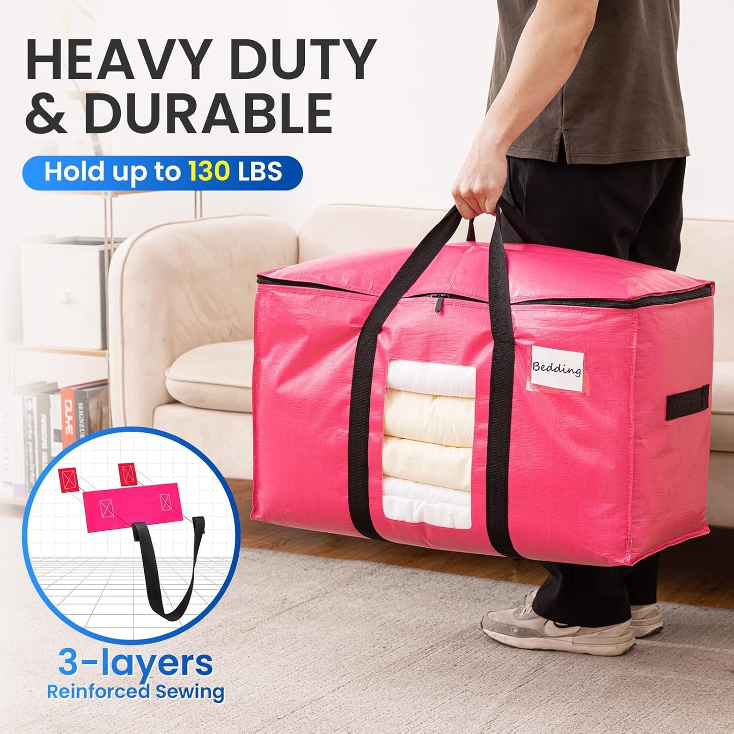 TAILI 10 Pack Pink Extra Large Moving Bags, Heavy Duty Totes with Visible Window, Wrap Around Handles, Ideal for Storage, Space-Saving