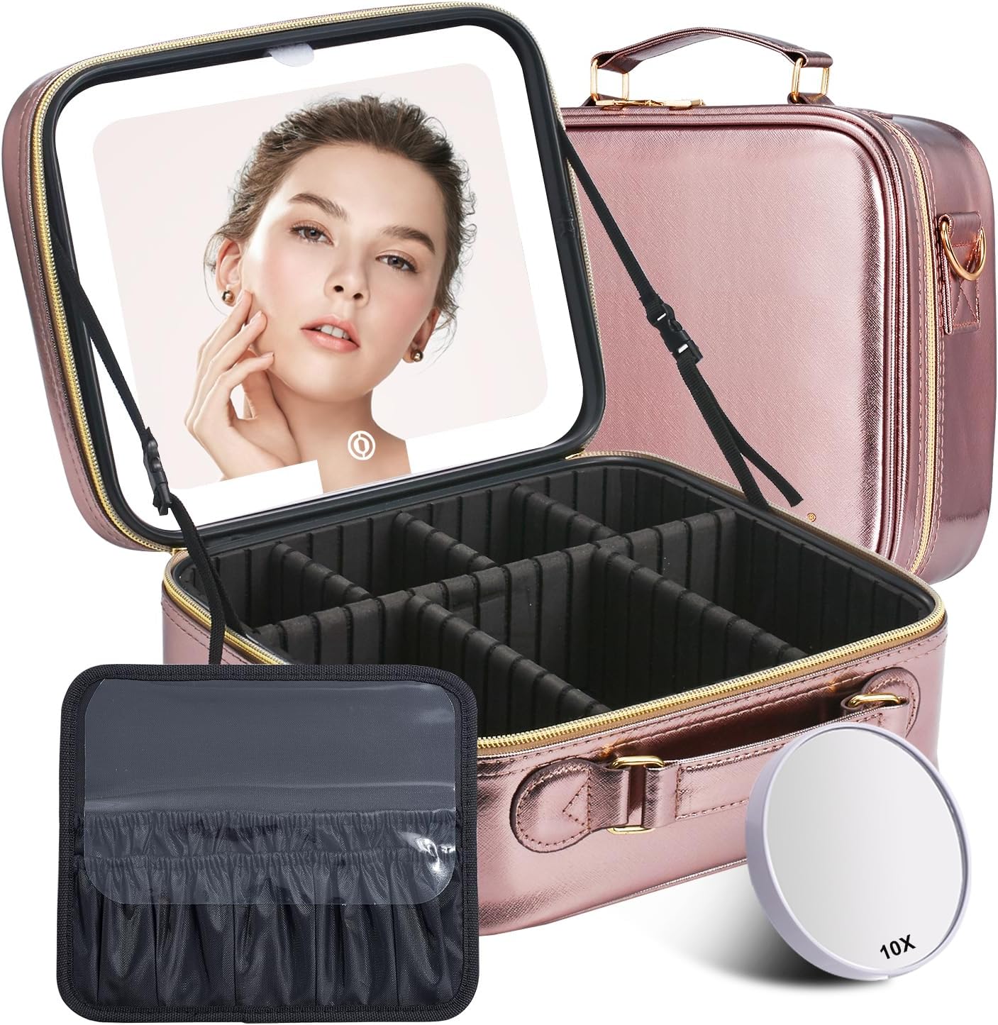 Mocado Travel Makeup Bag with LED Lighted Mirror, Travel Makeup Organizer, Makeup Case with 3 Color Lighted Setting and 10x Magnifying Mirror, Portable Storage and Adjustable Dividers (Champagne)