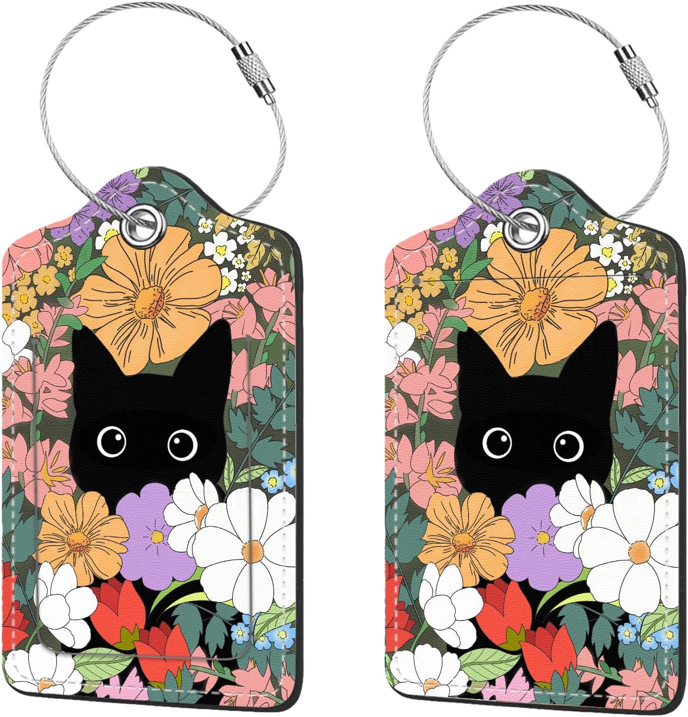 2 Pcs Luggage Tags for Suitcases, PU Leather Cruise Ship Luggage Tags with Privacy Cover Label Address Card and Durable Metal Ring Suitable for Men Women Handbags Backpacks,Flower Bushes and Cats