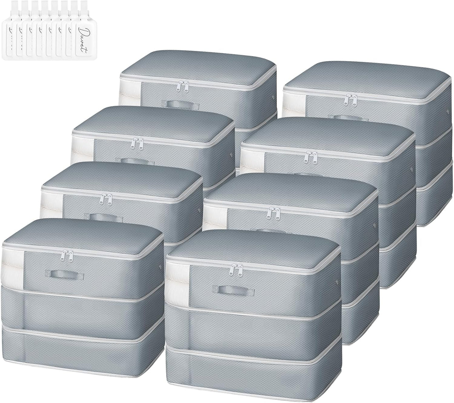 Comforter Storage Bag - Large Capacity Blanket Storage Bags 3-Layer Ultra Space Saving Self Compression Organizer, Washable Compression Bags for Storage Comforter Blanket, 8-Pack, Grey