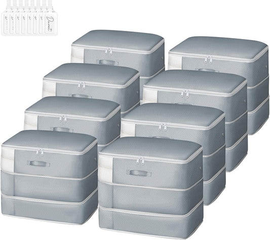 Comforter Storage Bag - Large Capacity Blanket Storage Bags 3-Layer Ultra Space Saving Self Compression Organizer, Washable Compression Bags for Storage Comforter Blanket, 8-Pack, Grey