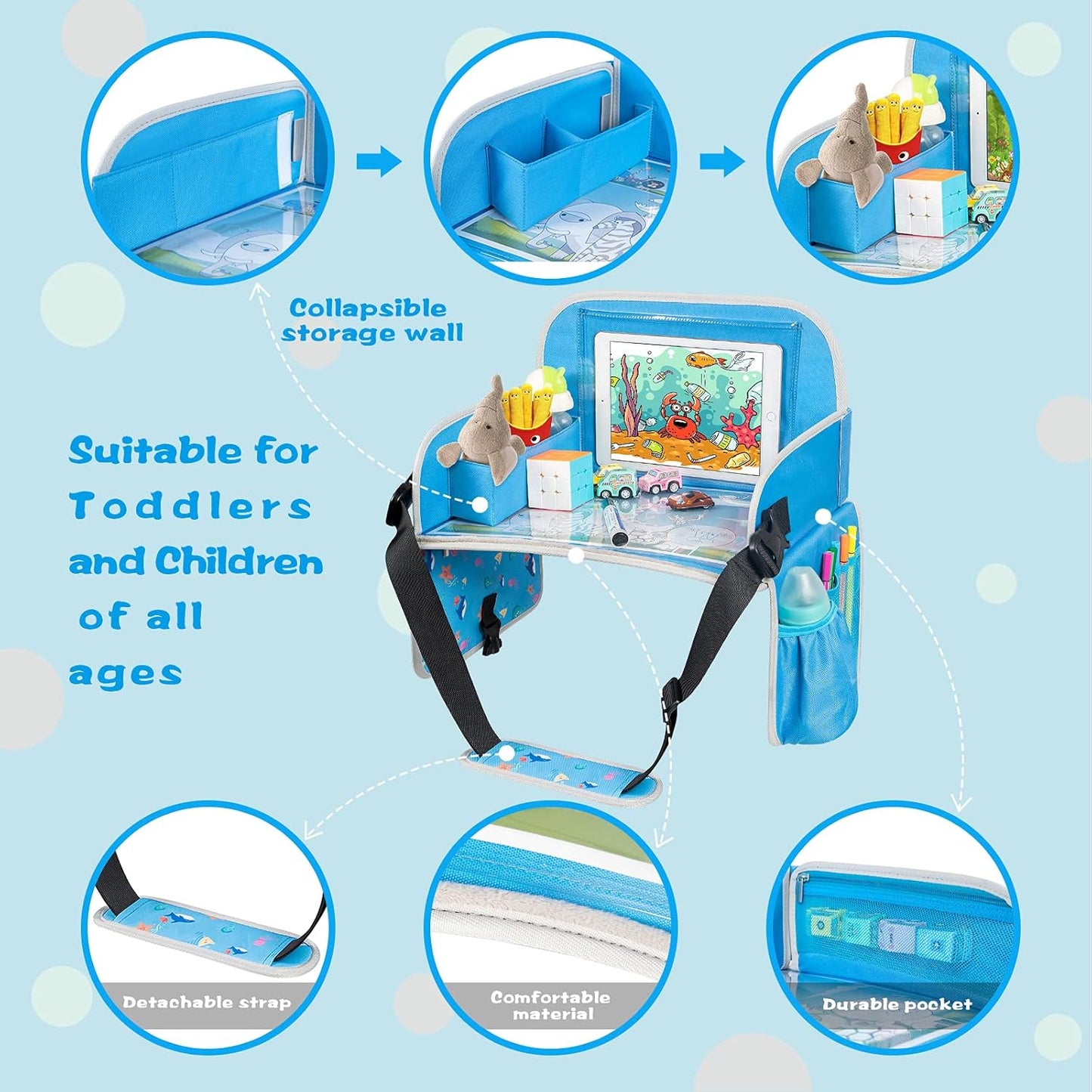 MENZOKE Kids Travel Tray for Boys or Girls, Travel Tray for Kids Car Seat with Tablet Holder, Dry Erase Board & Cooler Cup Holder, Road Trip Essentials Accessories for Car Trip, Airplane (2 Pack)