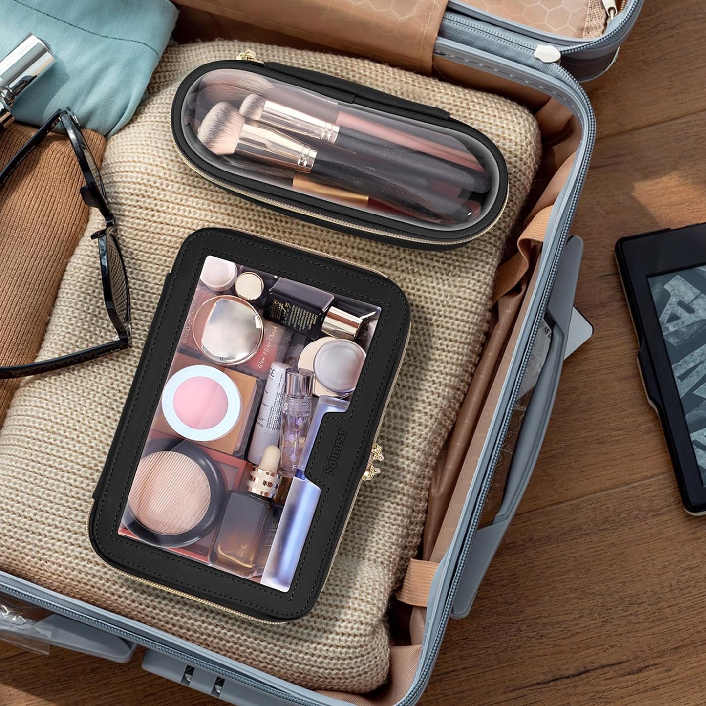 Travel Clear Makeup Bag with Makeup Brush Bag, Leather Makeup Case Toiletry Bag, Portable Cosmetic Bag Case, Transparent Waterproof Cosmetic Organizer Storage Bag for Women, Medium, Black