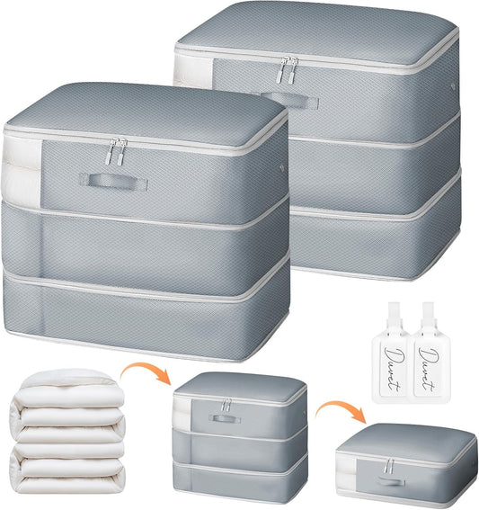 Comforter Storage Bag - Large Capacity Blanket Storage Bags 3-Layer Ultra Space Saving Self Compression Organizer, Washable Compression Bags for Storage Comforter Blanket, 2-Pack, Grey