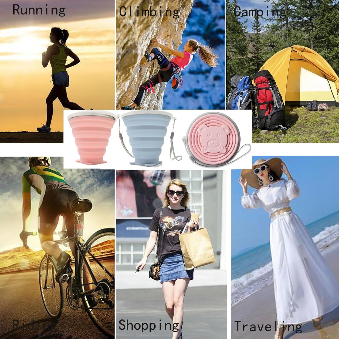 2 Pack Silicone Collapsible Cups for Traveling, 320ml+320ml Portable Collapsible Travel Cup, Folding Camping Cup with Lids, Reusable Expandable Drinking Cup for Travel Hiking,Blue Pink