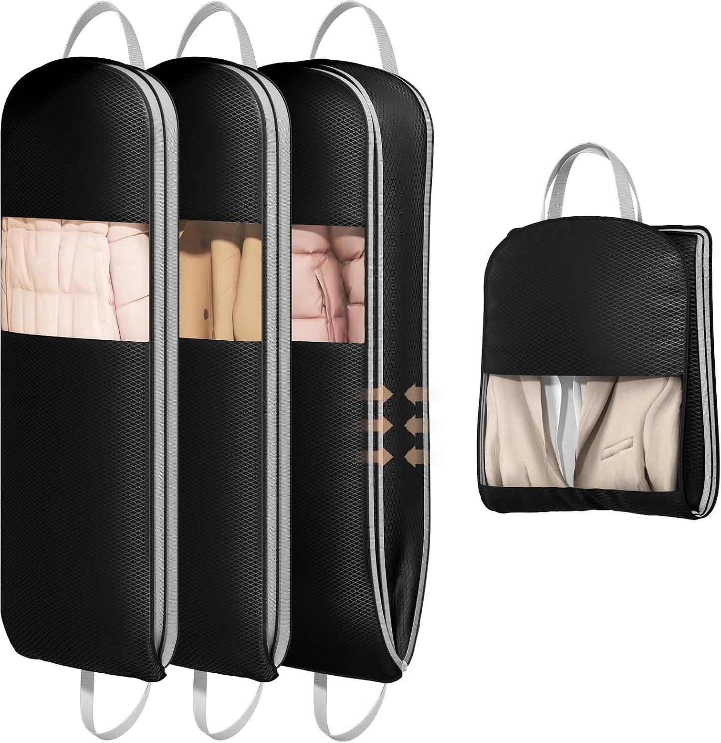 DIMJ 3 Pack 54" Garment Bags for Hanging Clothes - Space Saving Compression Suit Bag Travel with Handles Window, Washable Carry Clothing Storage Cover for Dress, Coats, Down Jacket, Shirts
