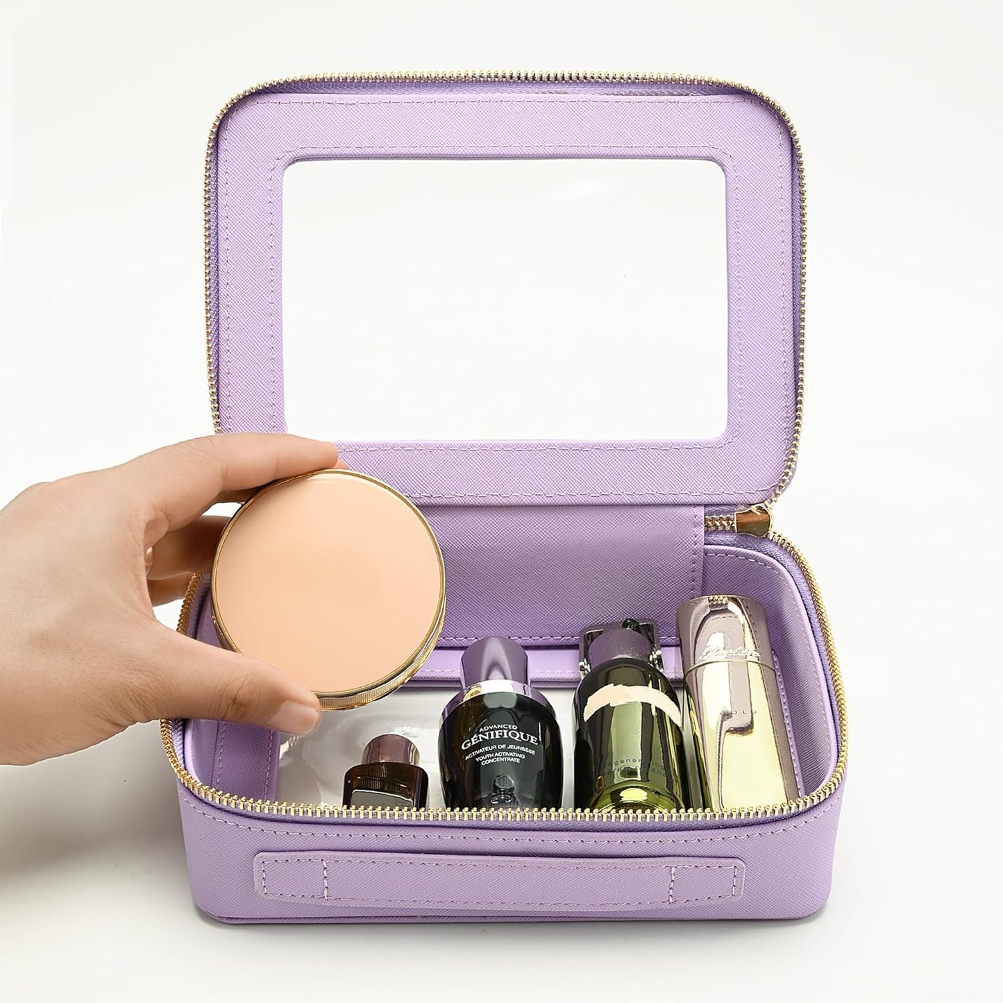 Aveniee Clear Makeup Bag Organizer, Travel Toiletry Bag Cosmetic Case for Women, Portable Make Up Skincare Pouch Car Organizer Bag with Zippers for Essentials,Lilac