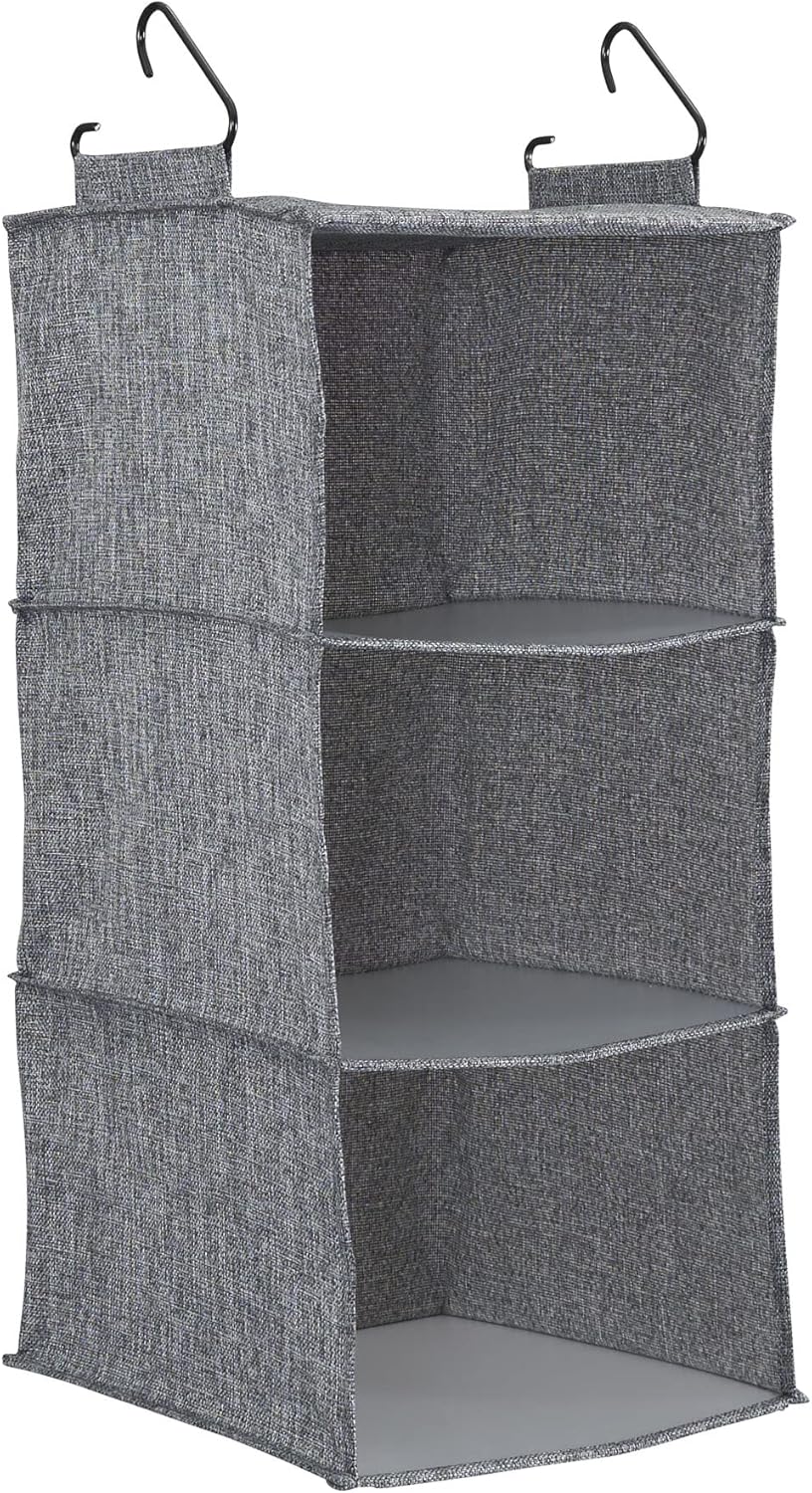 Household Essentials 3 Shelf Hanging Closet Organizer, Hanging Shelf with Hooks, Poly Linen and PEVA Shelving