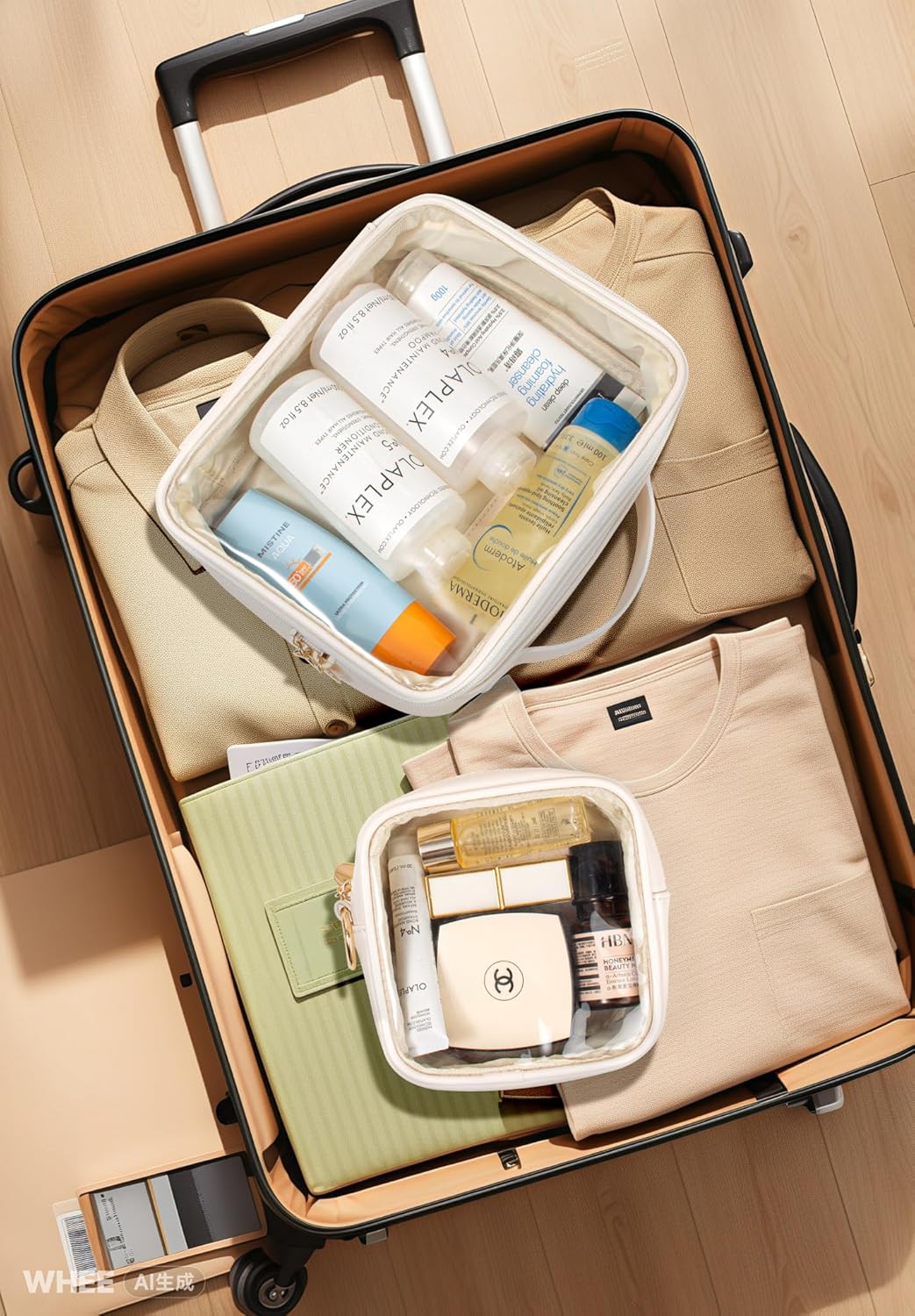 Travel Toiletry Bag,2 Pack Clear Makeup Bags with Handles,180°Opening Clear Cosmetic Bags for Traveling Women,Men,Travel Essentials(Large+Mini White)