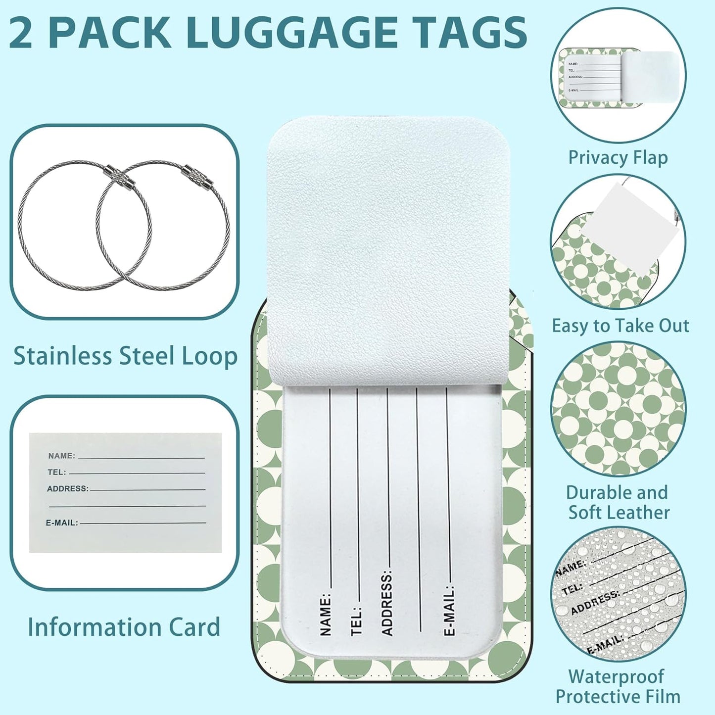 2 Pack Cute Luggage Tag for Suitcases Vintage Groovy Flowers Leather Luggage Tags with Stainless Steel Loop Privacy Flap Name Tags,Men and Women Travel Bag Suitcase Tags