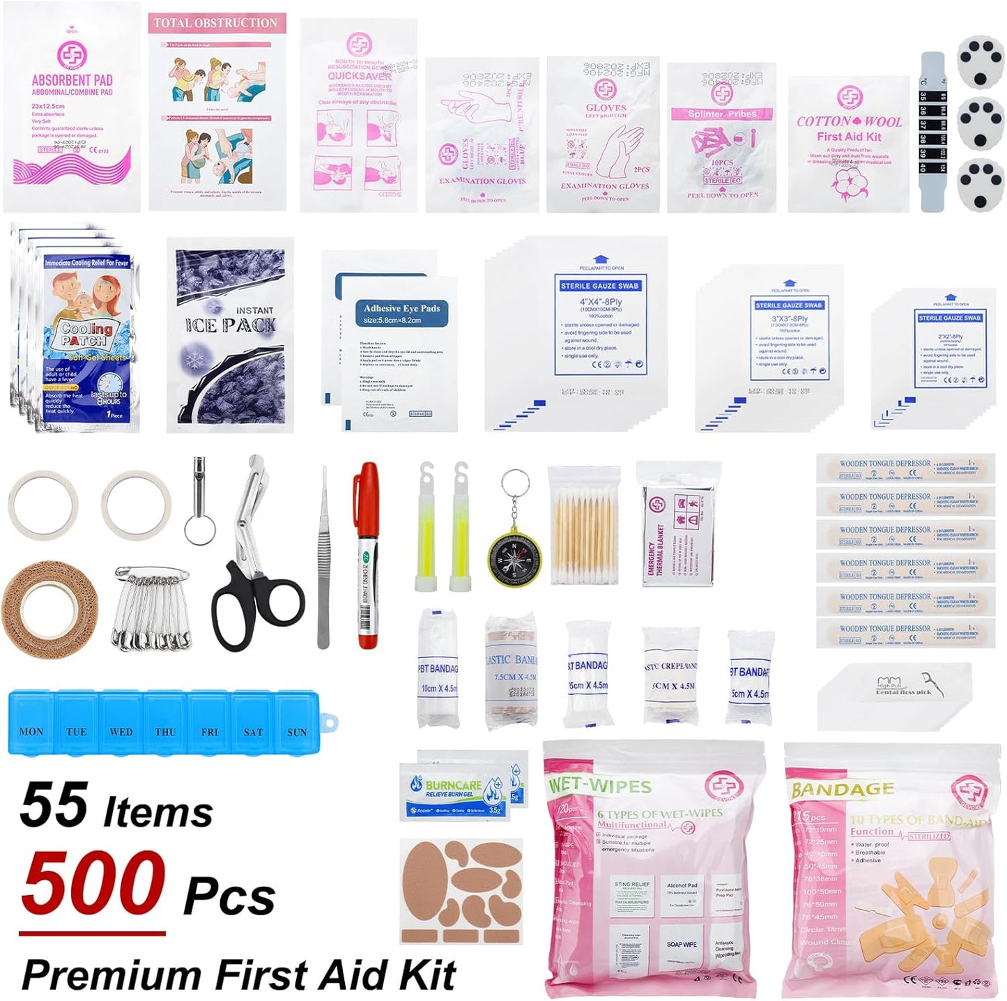 Professional 500 Piece Emergency First Aid Kit for Home, Car, Travel, Camping, Truck, Hiking, Sports, Office, Vehicle & Outdoor Emergencies - Emergency Medical Kit, Large First Aid Kit Survival