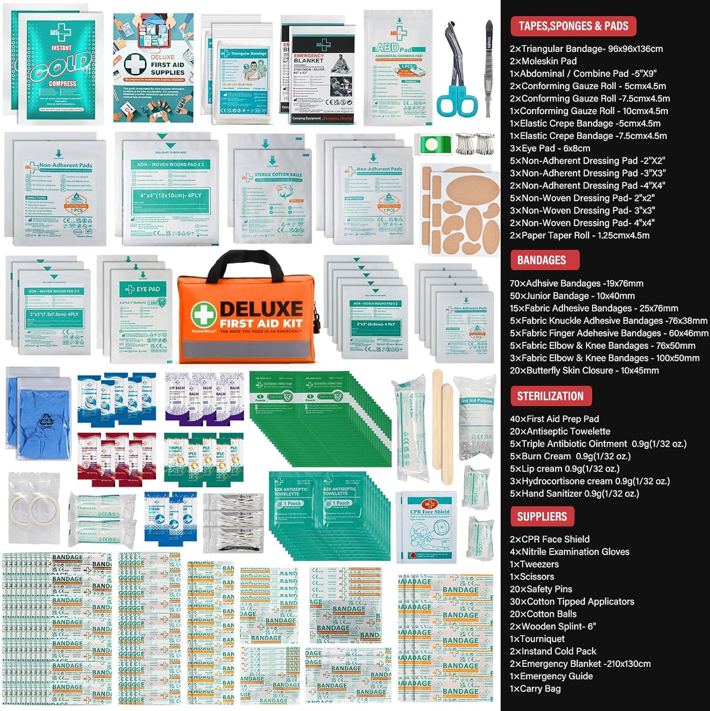 380 Pieces Deluxe First Aid Kit Compact Trauma Medical Kits with Assorted Bandages, Instant Cold Pack, Emergency Blanket for Home, Travel, Camping, Vehicle, Emergency Kits(Orange)