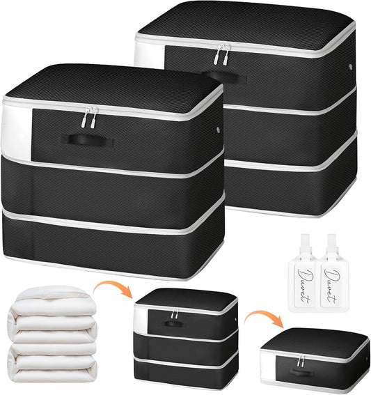 Comforter Storage Bag - Large Capacity Blanket Storage Bags 3-Layer Ultra Space Saving Self Compression Organizer, Washable Compression Bags for Storage Comforter Blanket, 2-Pack, Black