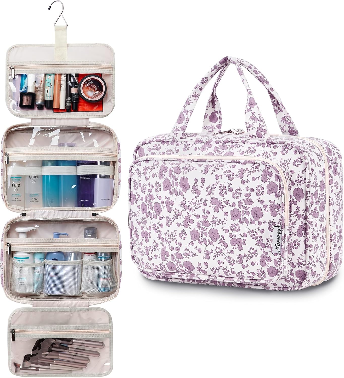 Travel Toiletry Bag for Women Large Hanging Makeup Bag Organizer Toiletries Bag for Full Size Essentials Accessories Cosmetics (Little Dusty Pink Flower (Large))