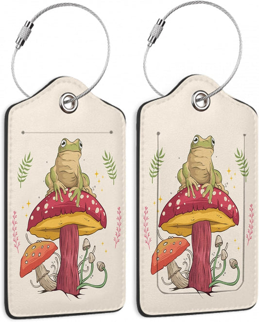 2 Pack Luggage Tags for Suitcase,Frog Sitting On Mushroom Leather Luggage Tag Bag Tags Identifiers Privacy Cover Id Label with Steel Loop for Women Men Girls Boys Travel