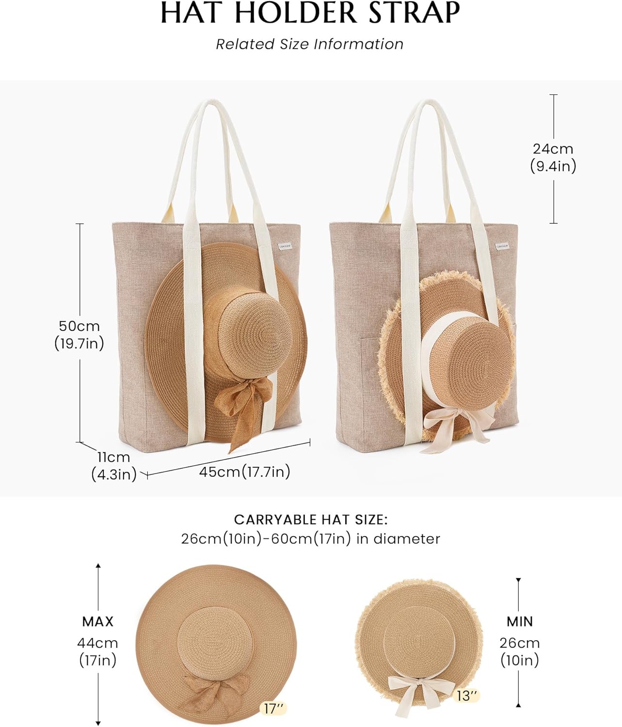 Large Beach Tote Bag with Zipper-Travel Tote Bag for Women with Sun Hat Holder Strap Boho Summer Beach Tote